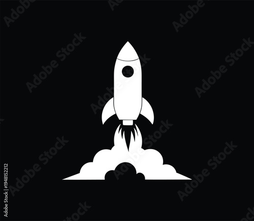 Rocket launch silhouette, rocket flying quickly into space. Flat vector illustration of a spaceship.
