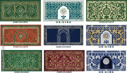 Web Islamic Prayer Rug Vector Set: Traditional Sajadah Mats with Geometric Mihrab Patterns and Arabesque Ornaments