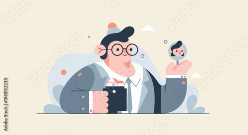 Cheerful character in a suit holds a mug and a handheld mirror reflecting a person