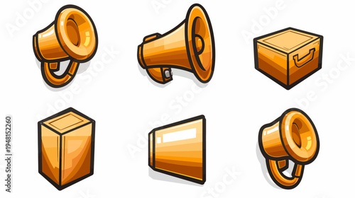 Collection of stylized, vector illustrations featuring golden megaphones and wooden boxes