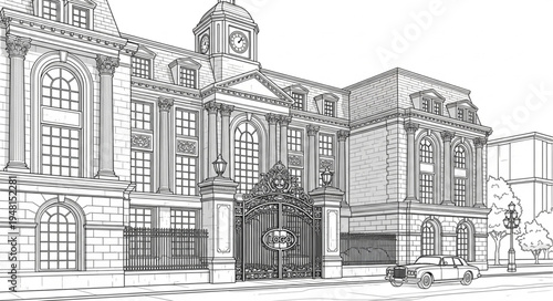 Architectural Sketch of a Grand Building with Intricate Details.