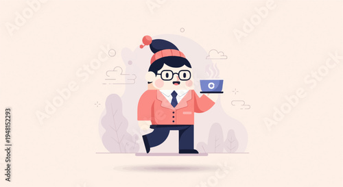 Cheerful character in a winter hat carries a hot beverage