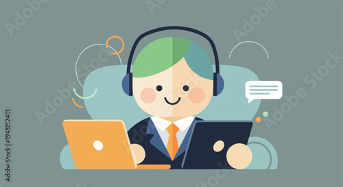 Cheerful cartoon character with headphones uses laptop and tablet
