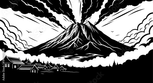 Volcanic Eruption Overlooking Village - A Dramatic Black and White Illustration.