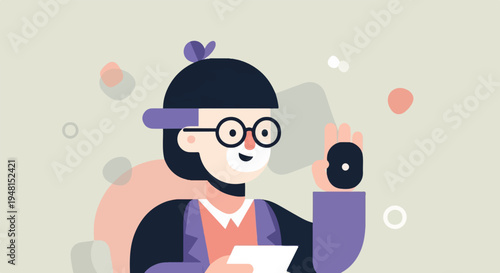 Cheerful character in glasses with a purple ribbon and an object