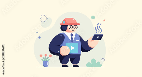 Cheerful character in hard hat holds tablet, plays video