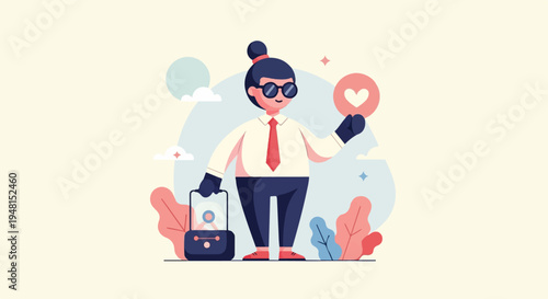 Cheerful person holding a heart symbol, carrying a briefcase, dressed formally