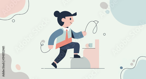 Cheerful person climbing stairs with a whip against a pastel abstract background