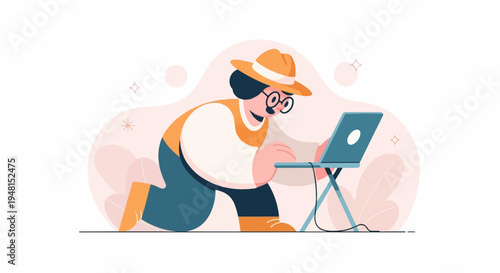 Cheerful character in hat and glasses on knees working on laptop