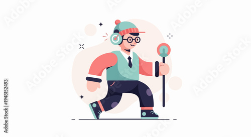 Cheerful character in hat and headphones, marching with a staff