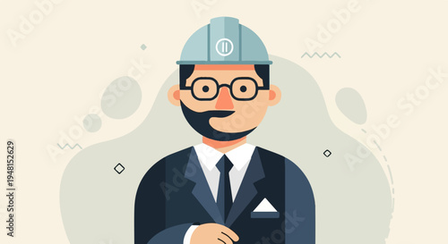 Cheerful cartoon man in hard hat and suit stands confidently