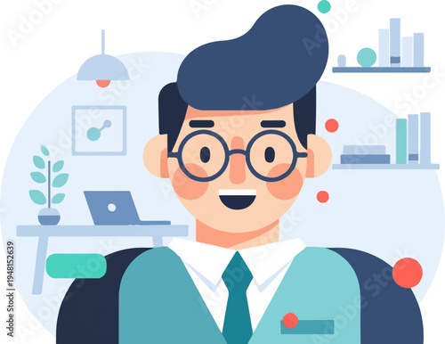 Cheerful cartoon man in glasses with a desk and bookshelves