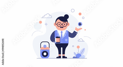 Cheerful character in suit juggles objects, holding smartphone, near bag and plants