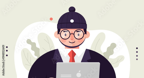 Cheerful person in beanie, glasses, and suit using laptop, with abstract plants
