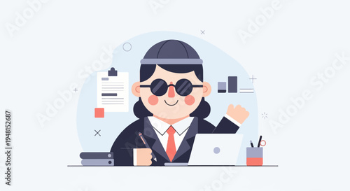 Cheerful character in suit with hat and sunglasses at desk