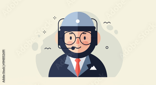 Cheerful cartoon figure wearing headset, glasses, and suit