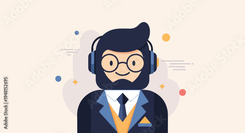 Cheerful character in suit with headphones and glasses, minimalist style