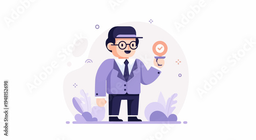 Cheerful businessman in a suit holds a stamp with a checkmark