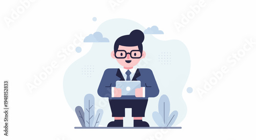 Cheerful businessman in suit holding a tablet, surrounded by abstract shapes and clouds