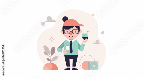 Cheerful person in cap, shirt, tie, holding a drink