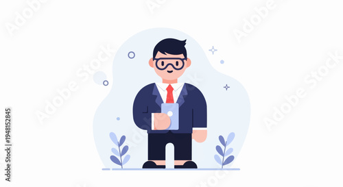 Cheerful businessman in suit holding tablet, with abstract background shapes