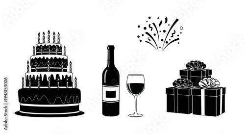 Birthday Celebration Set with Wine Bottle and Tiered Cake