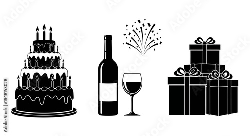 Wine Bottle with Glass and Celebration Fireworks Icon