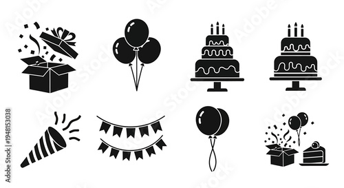 Festive Birthday Party Elements with Cake and Balloons