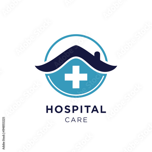 Blue House Roof and Medical Cross Combination, Hospital Care Logo, isolated white background