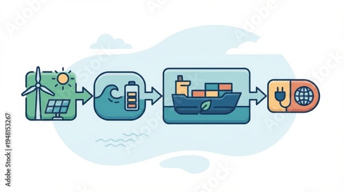 Renewable energy transformation process illustrated with symbols representing wind power, solar panels, energy storage, shipping, and global connectivity for sustainable development