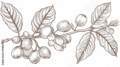 Monochrome illustration of coffee plant branch with berries and leaves, white background