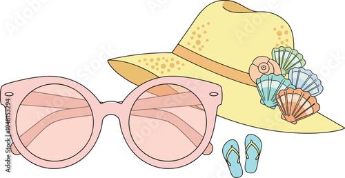 Summer Vacation Illustration with Pink Sunglasses, Straw Sun Hat Decorated with Seashells, and Flip Flops for Beach Holiday and Tropical Travel Designs