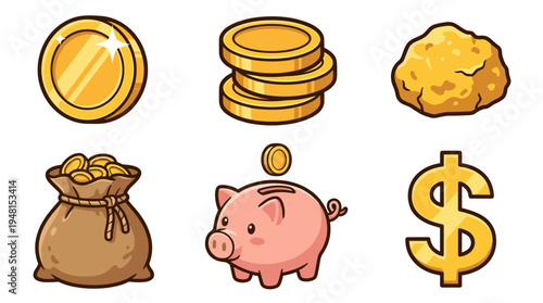 Money and Savings Illustrations: Cartoon-Style Set showcasing Financial Assets, Piggy Bank and Dollar Sign for Investment Concepts; Budgeting and Wealth Management in Finance, Economics, Banking