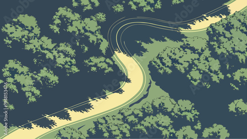 Scenic Winding Road Through Mountain Landscape in Vintage Flat Vector Style
