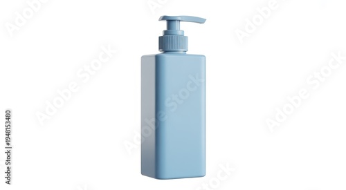 Light blue rectangular pump bottle with ribbed neck and curved dispenser lotion soap