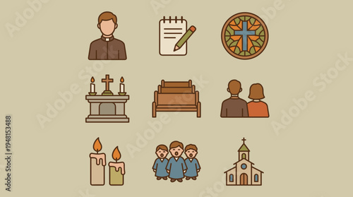 Religious Service Icons: Church Congregation Attending Mass, Clergy Sermon and Christian Traditions Visualized in Flat Design – Worship, Spirituality, Faith, Symbols, Christianity, Pastor, Belief