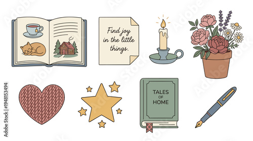 Cozy Home Lifestyle Still Life Elements Set Vector Illustration: Open Book with Cat Nap and Cabin, 'Find Joy' Note, Candle, Flowers in Pot, Knitted Heart, Star, 'Tales of Home' Book