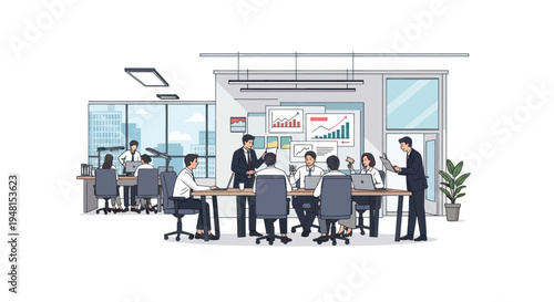 Diverse business team in a modern office meeting, discussing charts and graphs.