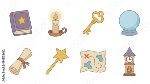 Magical Items Collection: Enchanted Icons for Storytelling, Fantasy Worlds, and Game Design – Featuring a spellbook, crystal ball, treasure map, wand, clock tower, candle, and key