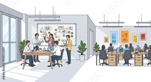 Business Team Collaborating in Modern Office with Whiteboard and Desks