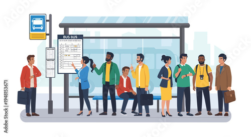 Diverse people waiting at bus stop shelter with schedule, city transportation concept