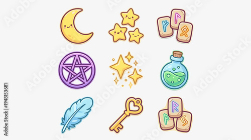Whimsical Witchcraft Elements Illustration: Cute Moon, Stars, Runes and Potion, Magic Charms and Mystical Symbols on White Background for Game Design, Kids Illustrations, Fantasy Themes, Spellcasting