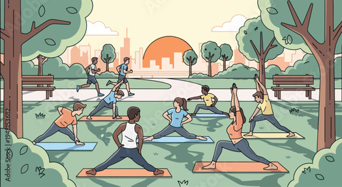 Diverse group practicing yoga and jogging in a park at sunrise, city skyline background