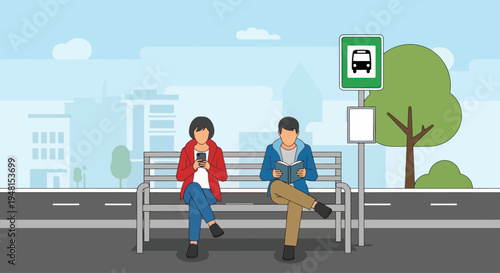 People at bus stop waiting for transportation, using phone and reading book