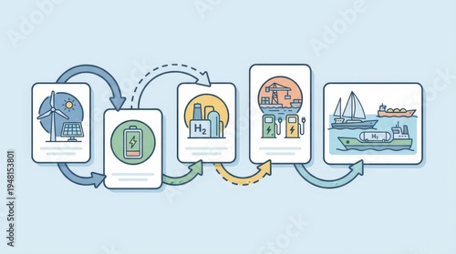 Renewable energy ecosystem showcasing transition pathways from solar and wind power to hydrogen fuel production and maritime transport innovation enhancing sustainability and efficiency