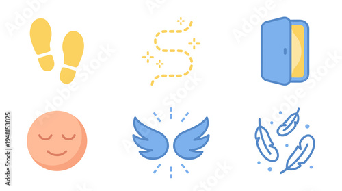 Dreamy Journey Vector Illustration: Following Footsteps to Open Door, Embracing Peace and Angelic Guidance – Conceptual Graphic in Pastel Colors, Suitable for Wellness Apps, Mindfulness Content