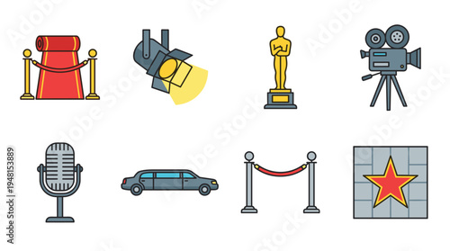 Hollywood Glamour: Red Carpet Event Icons Set - Celebrating Cinematic Arts & Entertainment Industry with Awards, Limousines, Vintage Camera, Star Spotlight -  Stylish Line Art for Film Festivals