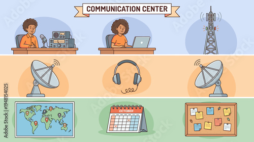 Cartoon Communication Center Illustration: Global Connectivity and Information Exchange in Telecommunications and Media, Showcasing Satellite Technology, Radio Broadcasting