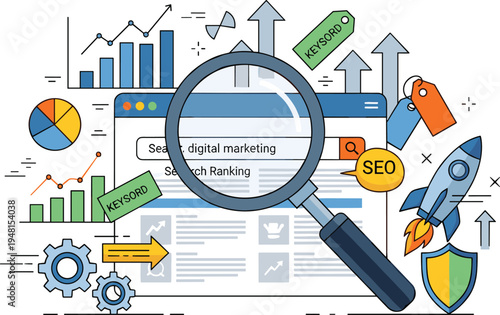 Search Engine Optimization Concept with Magnifying Glass Over Web Browser Featuring Keywords Rocket Launch and Data Analytics Graphs for Digital Marketing Strategy