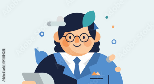 Cheerful cartoon person wearing glasses and a suit, holding a tablet